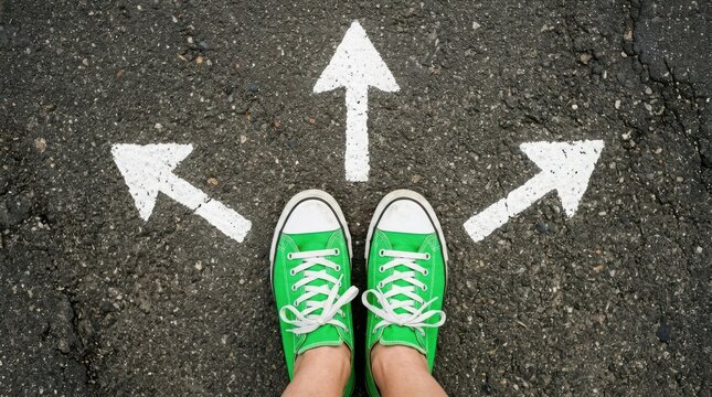 Person wearing green sneakers standing at a crossroads with three white arrows