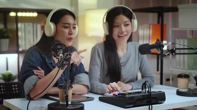 Podcast podcaster influencer creator content microphone headphone audio mixer home studio female share lively talk and warm energy during recording, friendly vibe and focus on voice and connection