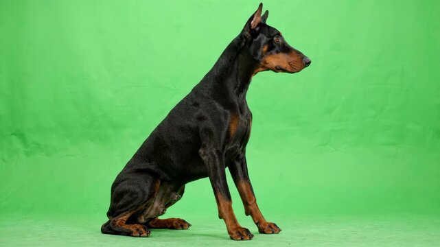 Doberman Pinscher Portrait: A sleek Doberman Pinscher, a powerful breed known for its loyalty and intelligence, sits regally against a vibrant green backdrop.