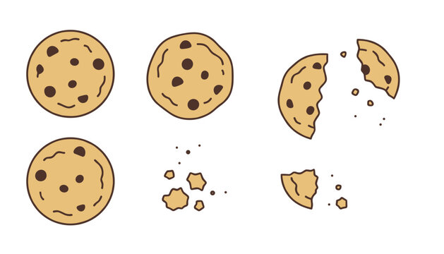 Hand-drawn illustration of sweet chocolate chip cookies in various states of being whole, broken, and crumbled.