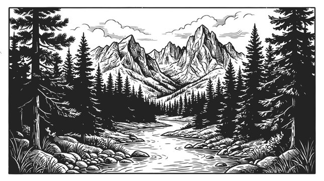 Black and white hand drawn sketch illustration of a peaceful mountain landscape with a flowing river and pine trees