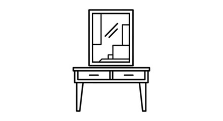 Fototapeta premium Simple black line drawing of a vanity with mirror with minimalist line black white line art furniture interior decor icon