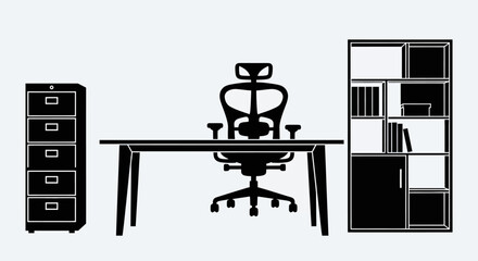 Office workspace with desk chair filing cabinet with bookshelf black silhouette against white background depicts minimalist office setup desk © Asim