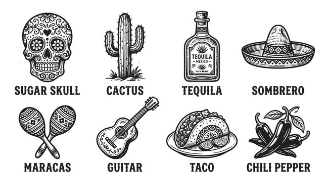 Set of Mexican culture icons including sugar skull cactus tequila bottle sombrero maracas guitar taco and chili pepper
