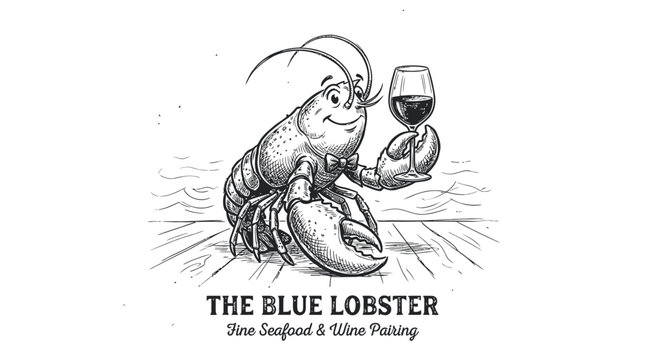 Cute cartoon lobster character wearing a bow tie and holding a glass of red wine for a seafood restaurant logo design