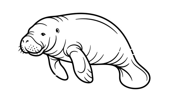 Cute manatee swimming in the water hand drawn line art illustration of a sea cow animal for kids coloring book page