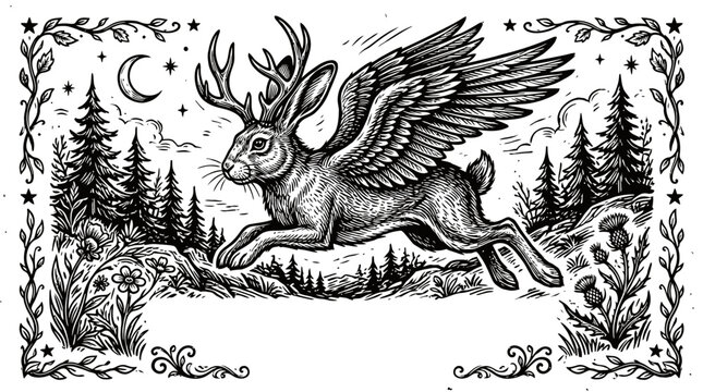 Magical jackalope with wings and antlers jumping in a wild forest landscape in a vintage woodcut illustration style