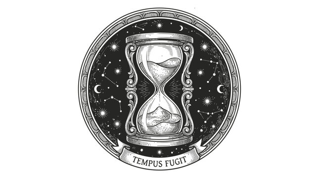 Vintage hourglass in a starry night sky circle emblem with the Latin phrase Tempus Fugit meaning time flies fast