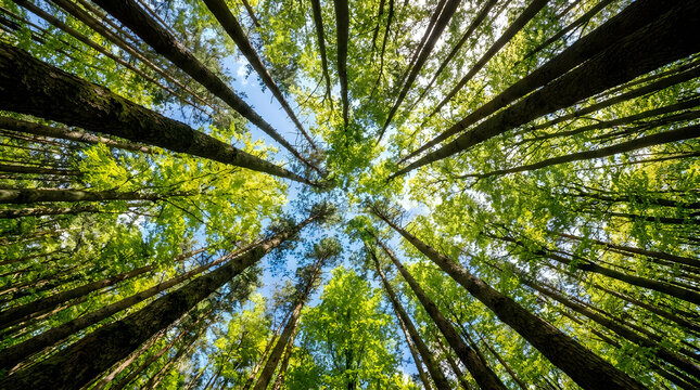Low angle view looking up at tall bamboo trees in a dense forest with blue sky above