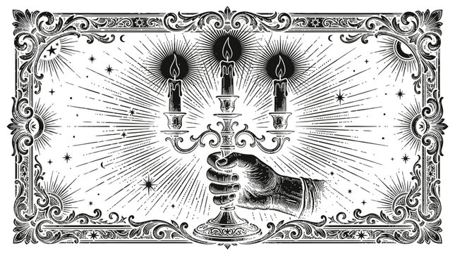 A vintage hand holding a candelabra with three burning candles inside an ornate decorative rectangular frame
