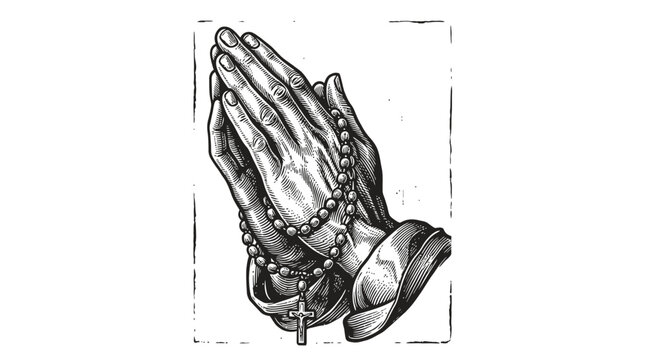 Black and white engraving illustration of two human hands held together in prayer with a hanging rosary bead cross