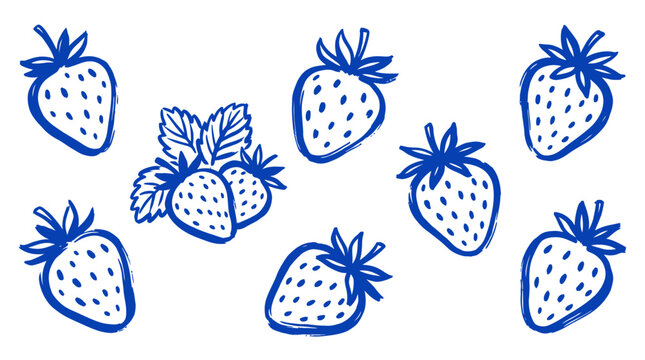Set of hand drawn strawberry fruit icons with blue outlines and leaves for creative food design and menu art