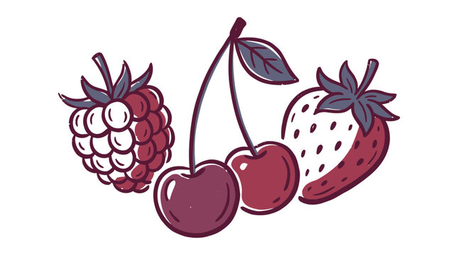 Cute hand drawn illustration of fresh organic cherry strawberry and raspberry fruits on a simple light pink background