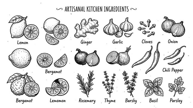 Hand drawn set of artisanal kitchen ingredients including lemon ginger garlic onion chili pepper herbs and spices