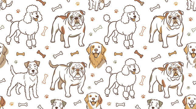 Seamless pattern with cute dogs like poodles bulldogs and golden retrievers with bones for pet shop and textile design