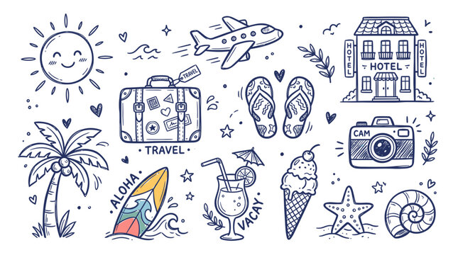Hand drawn doodle set of summer travel elements including airplane suitcase palm tree camera and beach vacation items