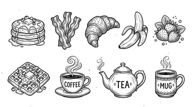 Set of hand drawn breakfast food icons including pancakes bacon croissant banana strawberries coffee tea and mug
