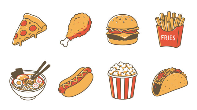 Set of delicious fast food icons including pizza slice fried chicken hamburger french fries ramen hot dog popcorn taco