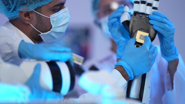 Gloved hand adjusts a microscope focus under cool blue laboratory light with masked scientists working behind in a futuristic biotechnology research facility close up