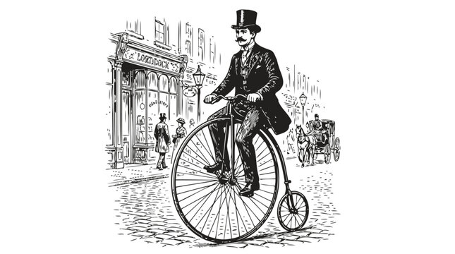 A man in a top hat riding an old fashioned penny farthing bicycle on a cobblestone street in a historic city town