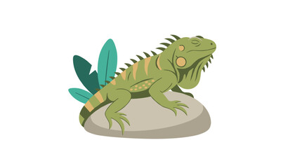 Fototapeta premium Detailed illustration of a green iguana resting peacefully on a grey rock with lush tropical leaves behind.