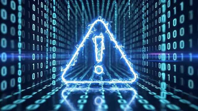 Futuristic digital tunnel of binary code with glowing blue warning sign and exclamation mark