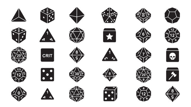 Tabletop RPG dice icons set, 30 black polyhedral dice vector elements, dnd gaming dice symbols for fantasy roleplaying games and board games