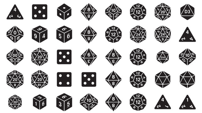 Tabletop RPG dice icons set, black polyhedral gaming dice vector collection, d20 d12 d10 d8 d6 d4 shapes for fantasy board games and roleplaying