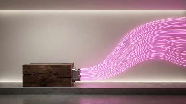 Pink fiber optic light trails emerging from wooden block.
