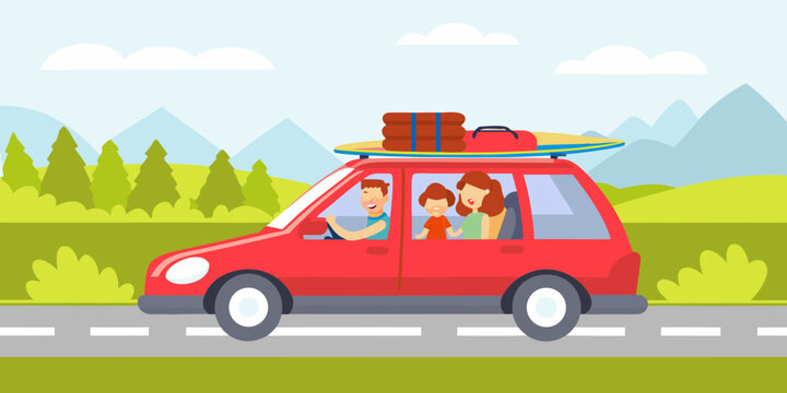 Red Station Wagon With Family And Luggage Flat Vector Illustration