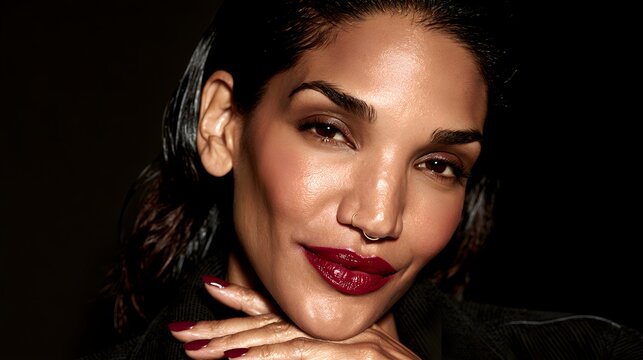 Close up portrait of a beautiful woman with dark hair and dark red lipstick wearing a nose ring and dark clothing