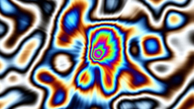 Abstract swirls in blue and red. Central spiral glows intensely. Bold wavy lines form organic shapes