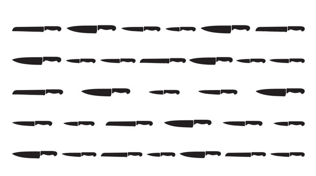 Professional kitchen knife silhouettes set, 32 black chef knife icons, culinary blade collection for restaurant menus and cooking infographics