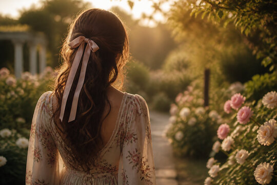 A woman with long, dark hair tied with a ribbon stands in a sunlit garden path surrounded by blooming flowers.