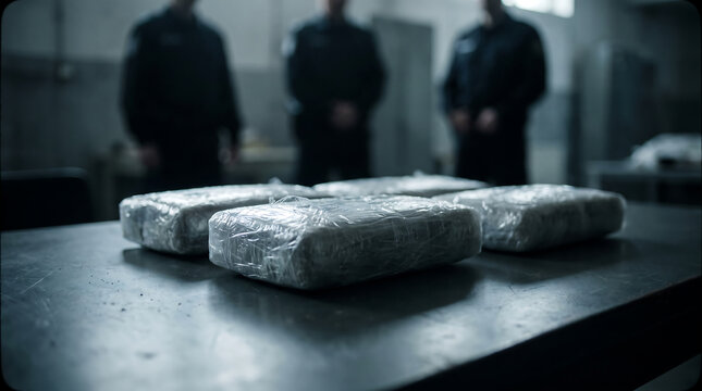 Low angle view of contraband bricks wrapped in clear plastic on table with police officers in background representing narcotics investigation seizure operation law enforcement.