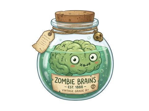 A cute cartoon zombie brain in a glass jar isolated on transparent background. Perfect for Halloween horror and.