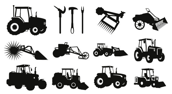 Collection of tractor with collection black silhouettes tractors farming equipment white background agriculture machinery vehicles industry with symbols