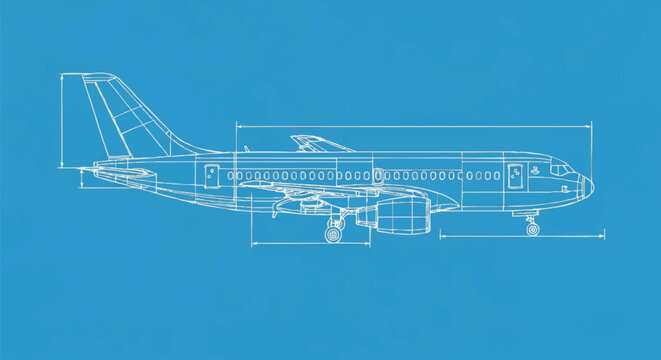 Technical drawing of a commercial passenger jet airplane