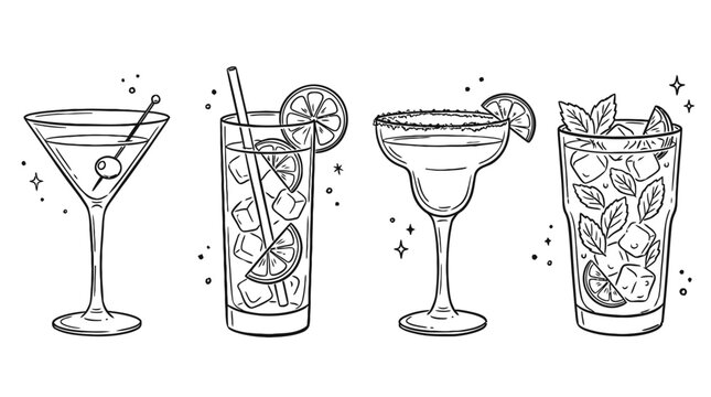 Set of hand drawn cocktail glasses with martini margarita mojito and refreshing summer drinks in sketch style