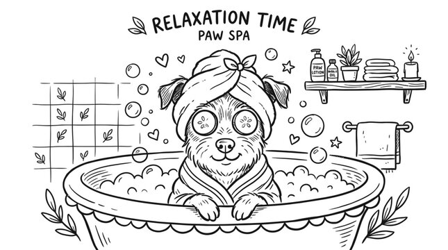 Cute puppy dog taking a relaxing bubble bath with a towel on head in a spa setting with soap bubbles and bathroom items