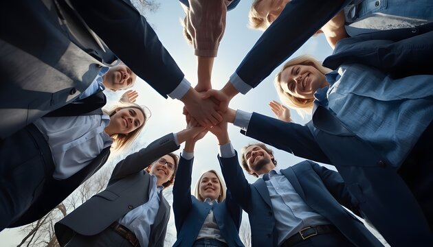A diverse business team stands outdoors and joins hands above their heads in a team gesture.