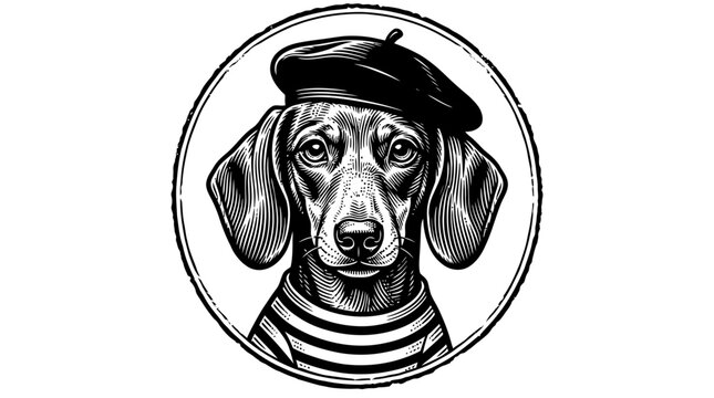 Vintage black and white illustration of a cute dachshund dog wearing a french beret hat and striped shirt emblem
