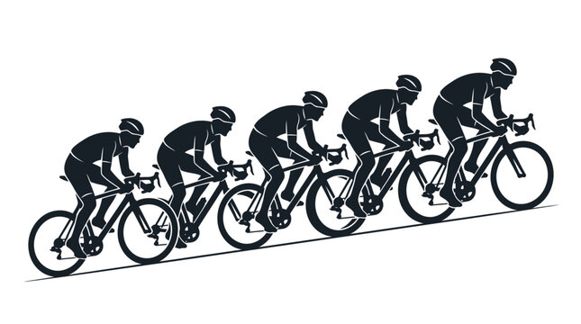 Group of professional cyclists riding road bikes in a race formation climbing a steep hill in a black silhouette