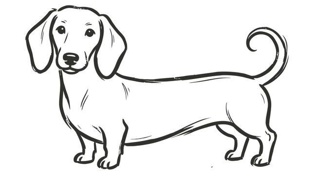 Cute dachshund dog hand drawn sketch illustration standing and looking at the camera on a light yellow background