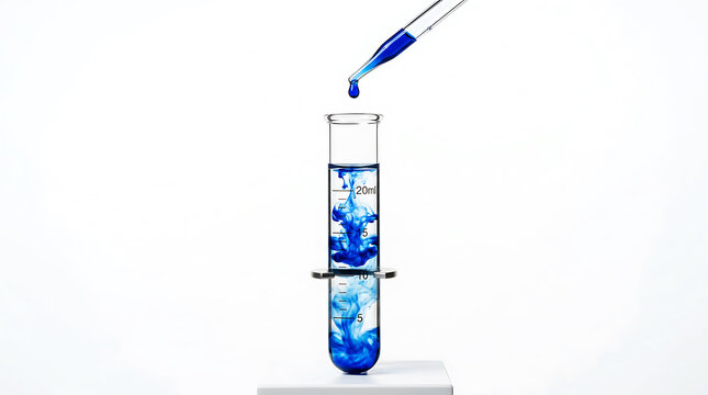 Blue liquid in transparent graduated cylinder on white background