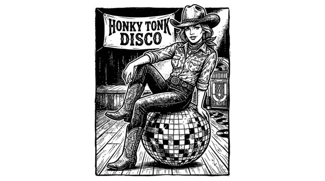 Cowgirl sitting on a disco ball in a honky tonk bar with music theme vintage black and white sketch style drawing