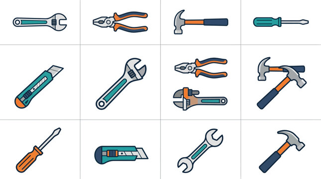 Illustrated Hand Tools Collection Set.