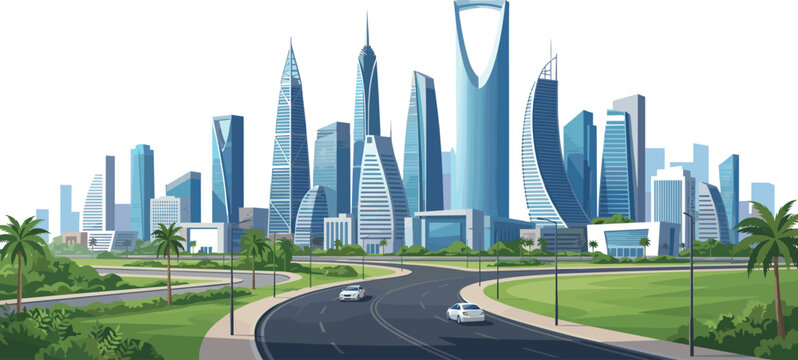 Modern Riyadh city skyline vector illustration with Kingdom Centre skyscrapers highway road palm trees and Saudi Vision 2030 concept.