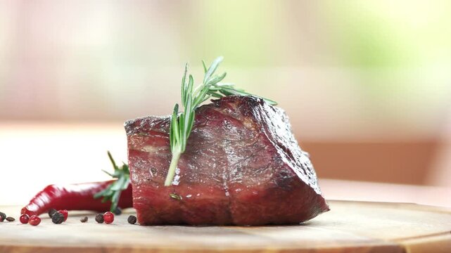 Juicy medium rare beef steak close up with rosemary and chili