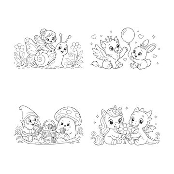 Fantasy Friends Coloring Page Collection &ndash; Cute Magical Creatures, Fairies, Dragons, Unicorns, Wizards, Kids Black and White Line Art